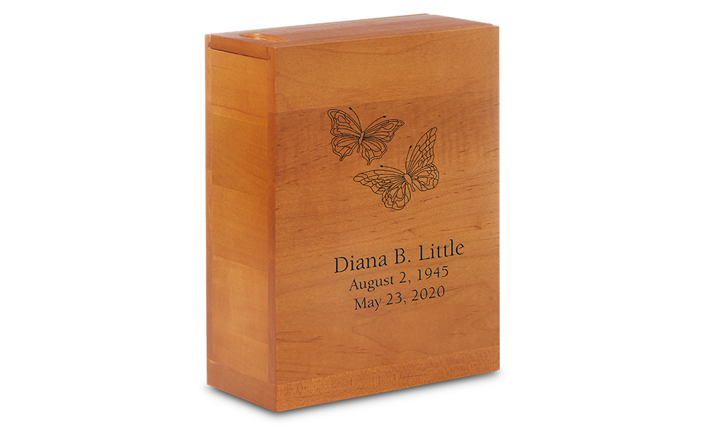 Wood rectangular upright urn with butterfly and nature personalization