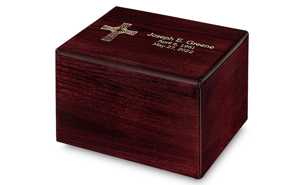 Wood rectangular urn with religious personalization