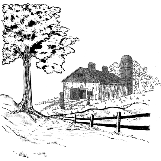 Barn Scene with Tree Engraving Design